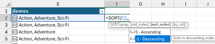 An Excel formula referencing a cell containing a list using the SORT function. An Excel formula referencing a cell containing a list using the SORT function.