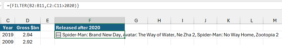 An Excel formula returning a spilled array to a single cell. An Excel formula returning a spilled array to a single cell.