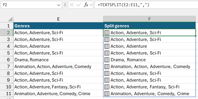 Results of the TEXTSPLIT function in Excel with a combination of spilled arrays and lists. Results of the TEXTSPLIT function in Excel with a combination of spilled arrays and lists.