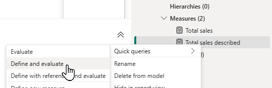 DAX query view right mouse option