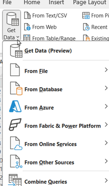 The Power Query menu in Excel