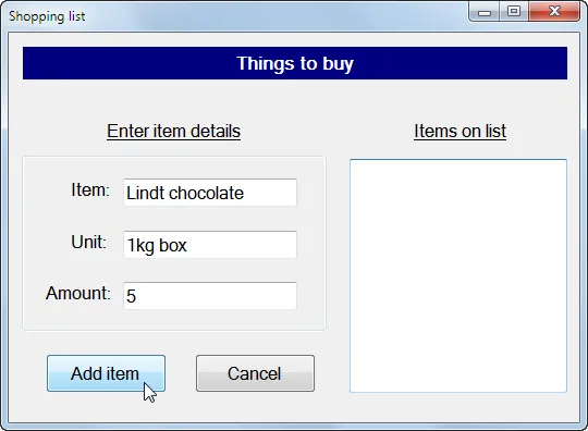 Shopping list dialog box