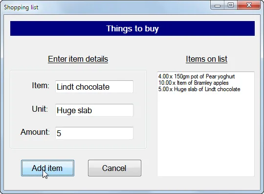 Shopping list in use
