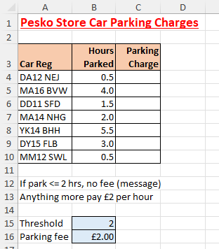 Diagram to show car reg numbers, hours parked and empty column C to fill with =IF formula for the parking charge Diagram to show car reg numbers, hours parked and empty column C to fill with =IF formula for the parking charge