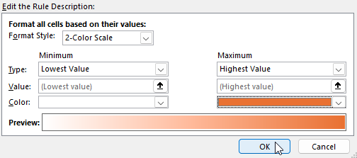 Choosing a colour gradient for a conditional formatting rule in Microsoft Excel