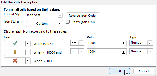 Configuring rules for an icon set conditional format in a Microsoft Excel pivot table