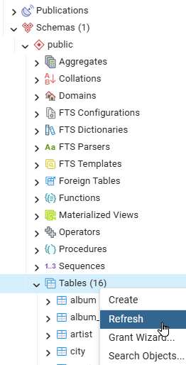 Listing the tables in the music database