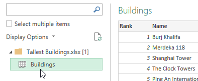Choosing to import a worksheet using Power Query in Excel