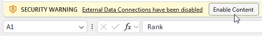Enabling external content in an Excel workbook.