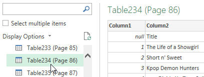 Choosing a table from a PDF file to import into an Excel workbook using Power Query