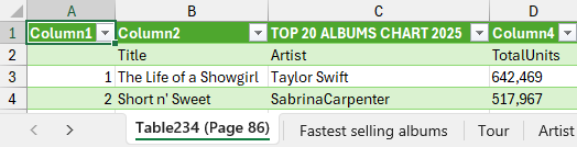 A table in Excel loaded from a PDF file using Power Query