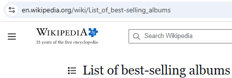 A web page containing a list of best selling albums