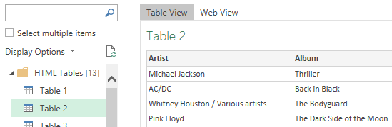 Choosing a table from a website to import into an Excel workbook.