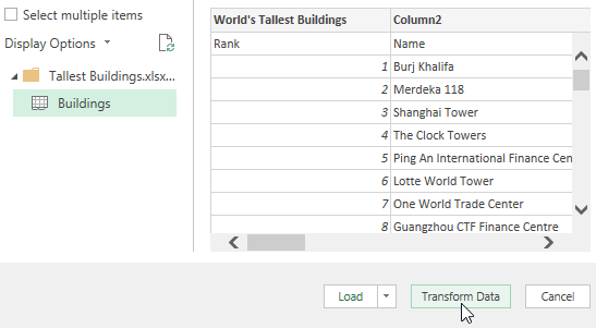 Choosing to transform data in Power Query for Excel