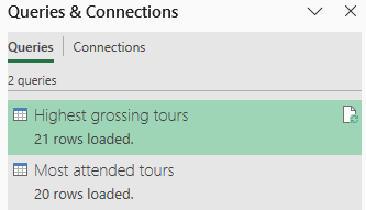 A list of queries in an Excel workbook