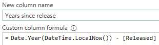 A custom formula in Power Query calculating the age of albums