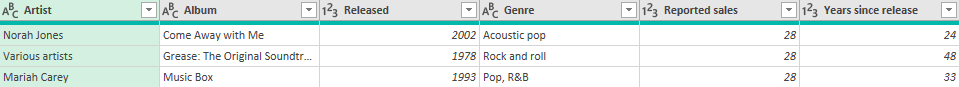 A query table with several transforms in Power Query for Excel