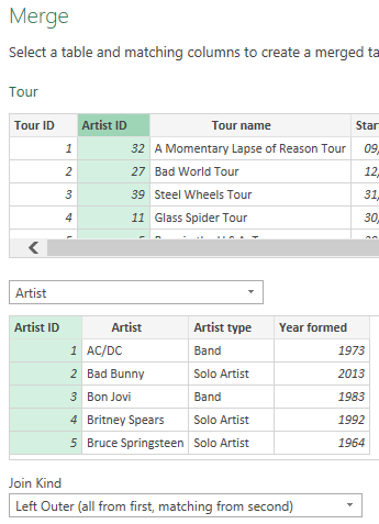 A merge queries transform in Power Query for Excel