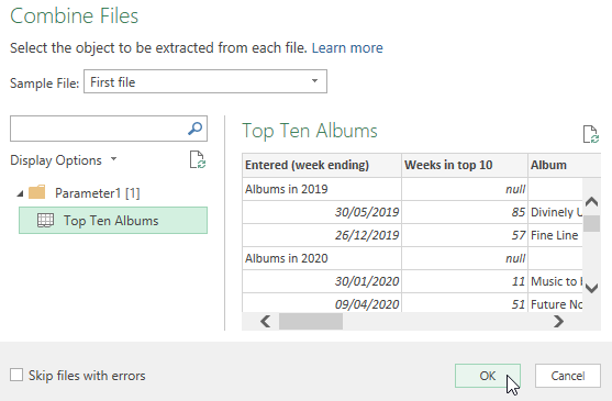 Choosing a sample file when importing from a folder in Power Query