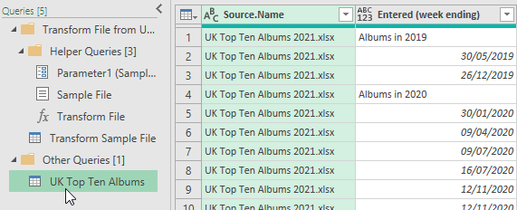 Results of importing from a folder in Power Query