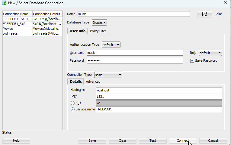 Connection dialog box for music database