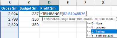 TRIMRANGE function example