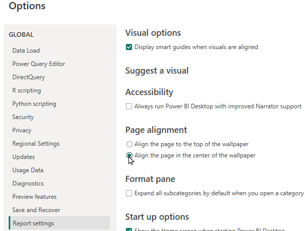 Change Global Report settings Page Alignment to center of the wallpaper