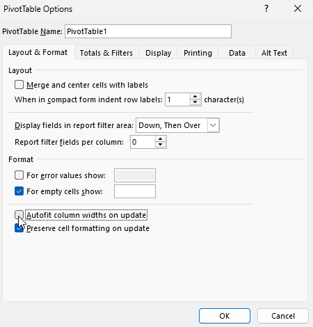 The PivotTable Options dialog box in Microsoft Excel