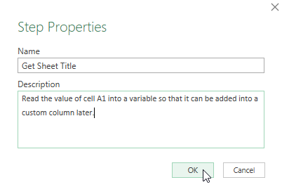 Adding a description to a query step in Power Query for Excel