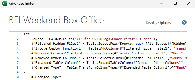 A Power Query query written in M code in Microsoft Excel