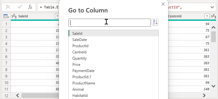Select the column you want to jump to