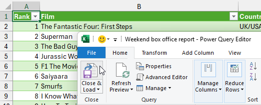 Loading data from Power Query into a new Excel worksheet