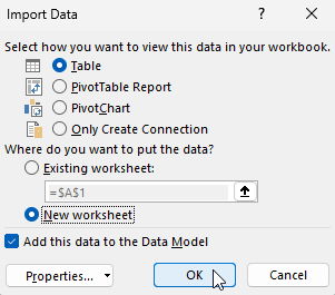 Choosing the destination for a query in Power Query for Excel