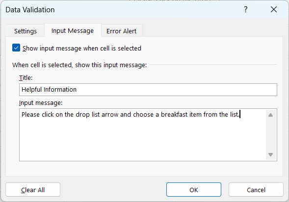 An example of settings for an input message in Data Validation