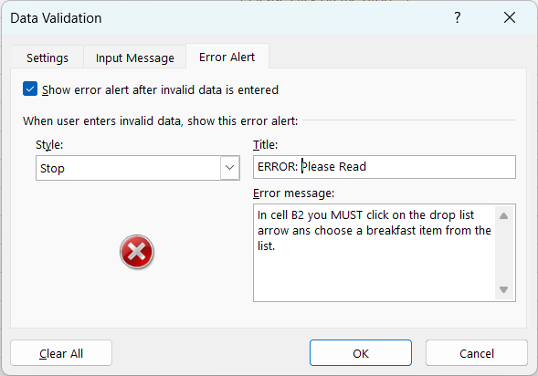 An example of an Error Alert message you want to display when someone types in data that is not allowed