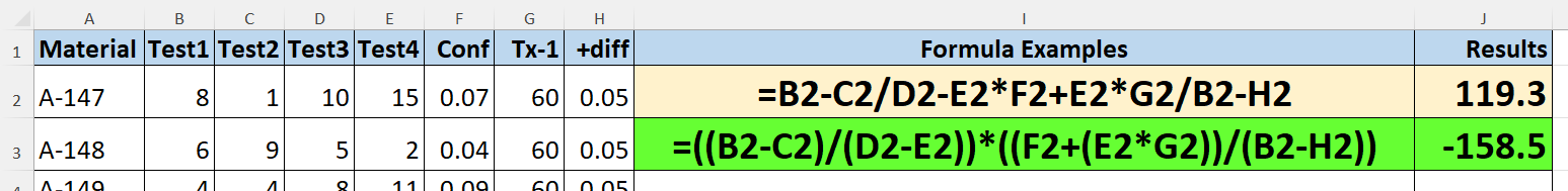 The worked example with 2 different formulae examples and their results
