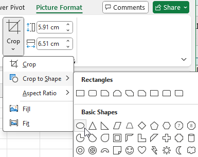 Choosing to crop a picture to a shape in Excel