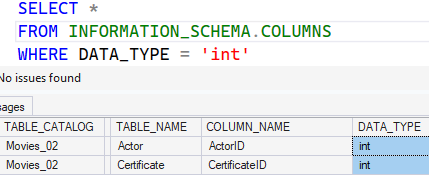 Filtering to only INT columns within the table