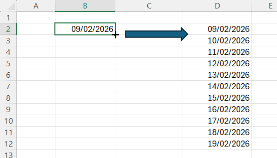 Diagram to show using Autofill to create a calendar using all the weekdays (including Saturday and Sunday)