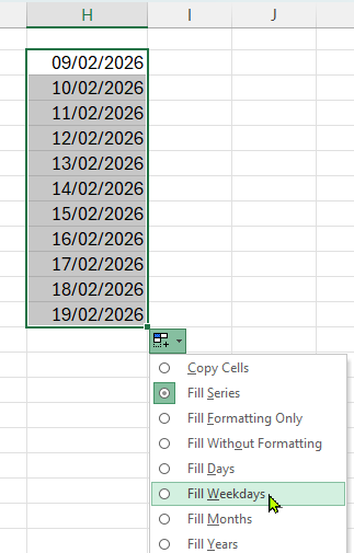 Diagram to show selecting Fill Weekdays from the Autofill drop down choices