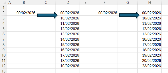 Diagram to show 2 calendars on a worksheet - one with weekends and one with just weekdays