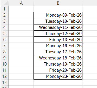 Diagram to show the original dates with the dddd-dd-mmm-yy custom format applied to display the day of the week name Diagram to show the original dates with the dddd-dd-mmm-yy custom format applied to display the day of the week name