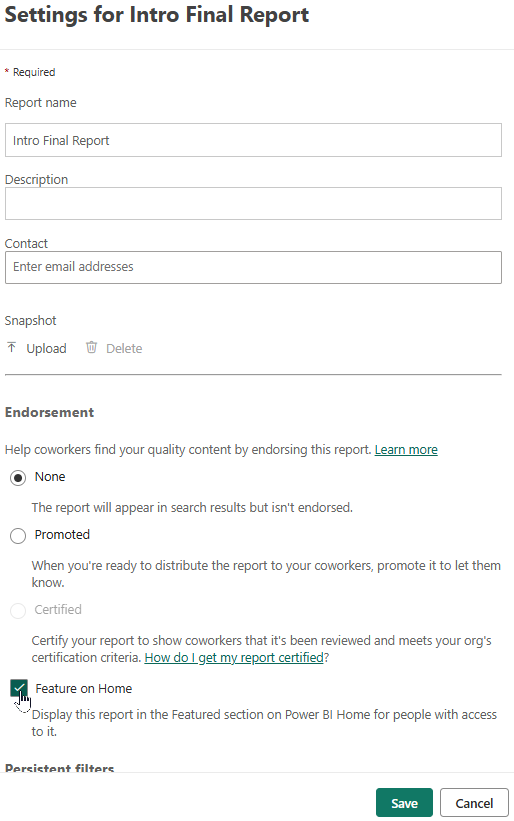 Adding a report to the featured section