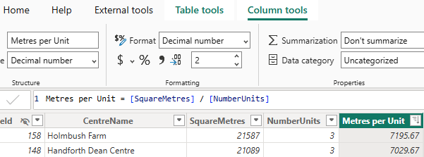 Column using the decimal number format option