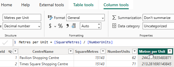 Selecting a column will add the column tools tab to the ribbon