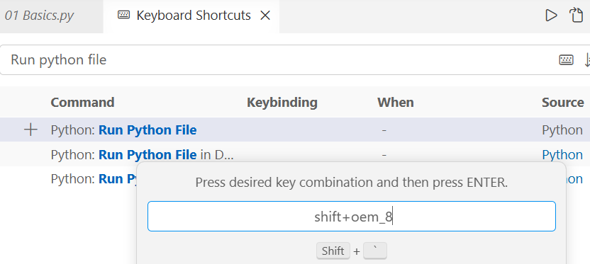Set the keyboard short cut for running the python file Set the keyboard short cut for running the python file