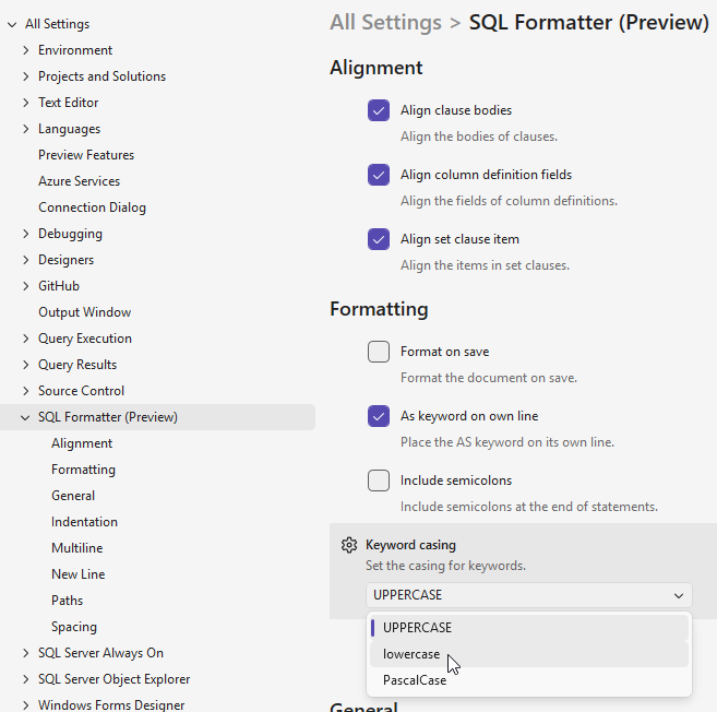 Changing Format SQL settings in SSMS 22 Changing Format SQL settings in SSMS 22
