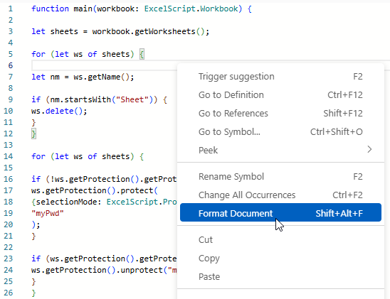 Choosing to automatically format code in Microsoft Office Scripts for Excel Choosing to automatically format code in Microsoft Office Scripts for Excel