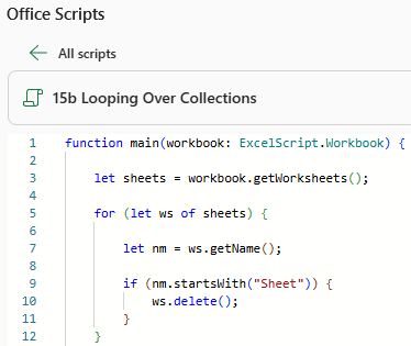 Some basic Office Scripts for Excel code using the default font size Some basic Office Scripts for Excel code using the default font size
