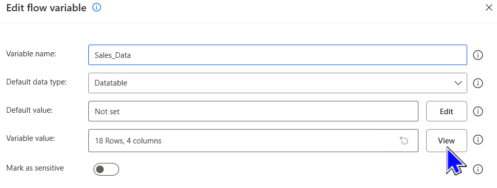 An image showing the Edit variable box with View being selected An image showing the Edit variable box with View being selected
